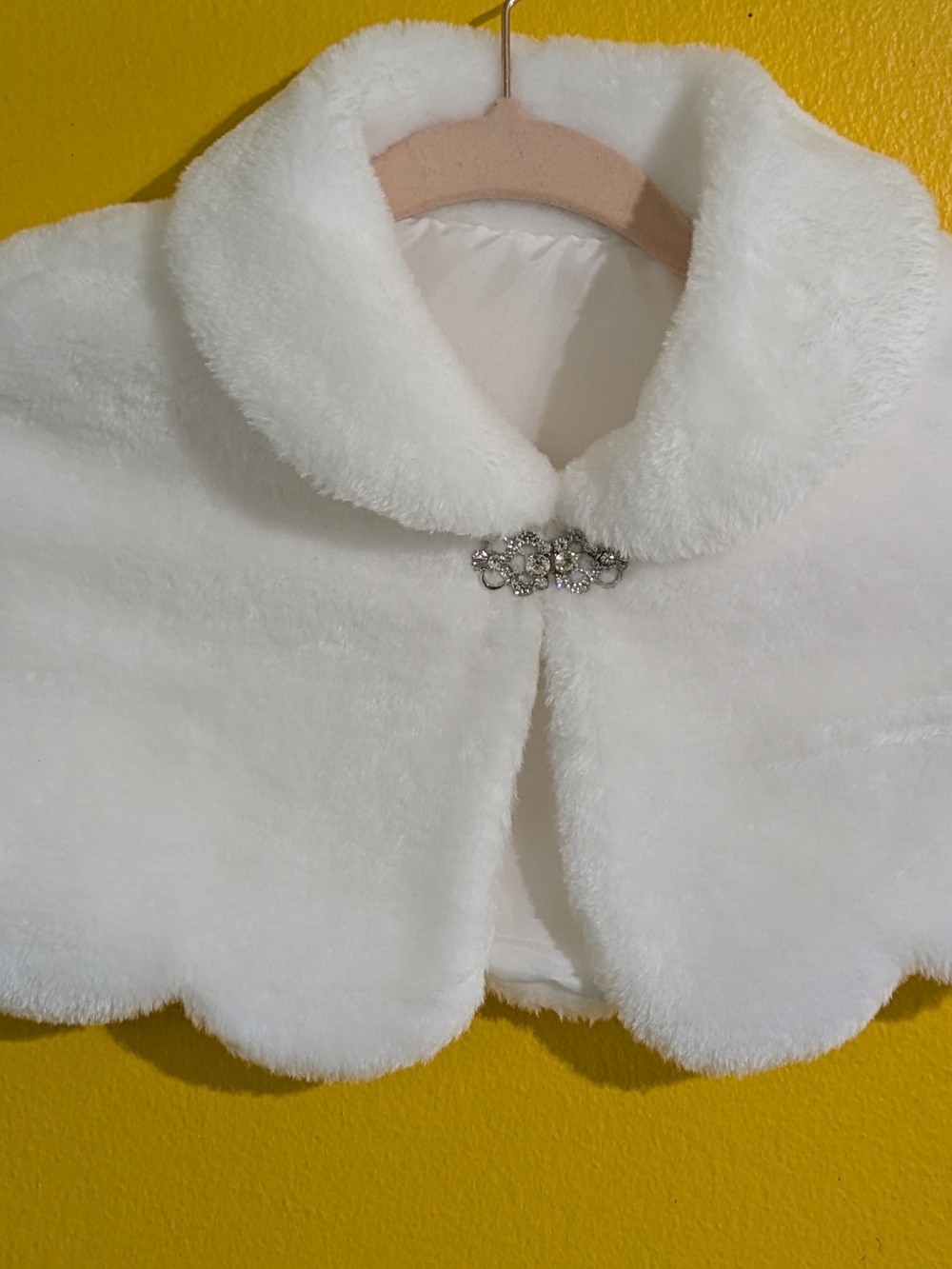 White Faux Fur Girls' Capelet Jacket with Rhinestone Clasp